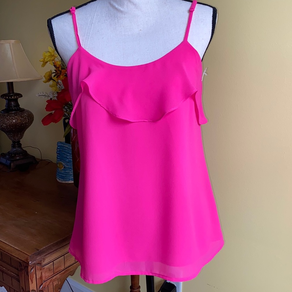 “Naked Zebra” Neon pink spaghetti strap top with ruffled front and back. Size S